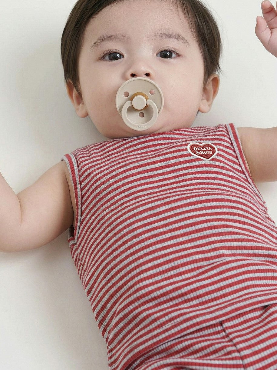 [BABY SET] Red BB Heart Stripe Sleeveless Shorts