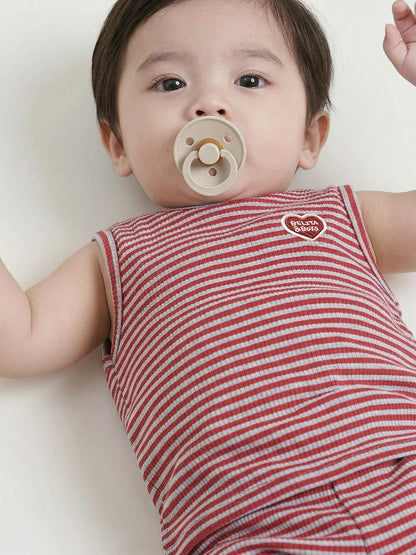 [BABY SET] Red BB Heart Stripe Sleeveless Shorts