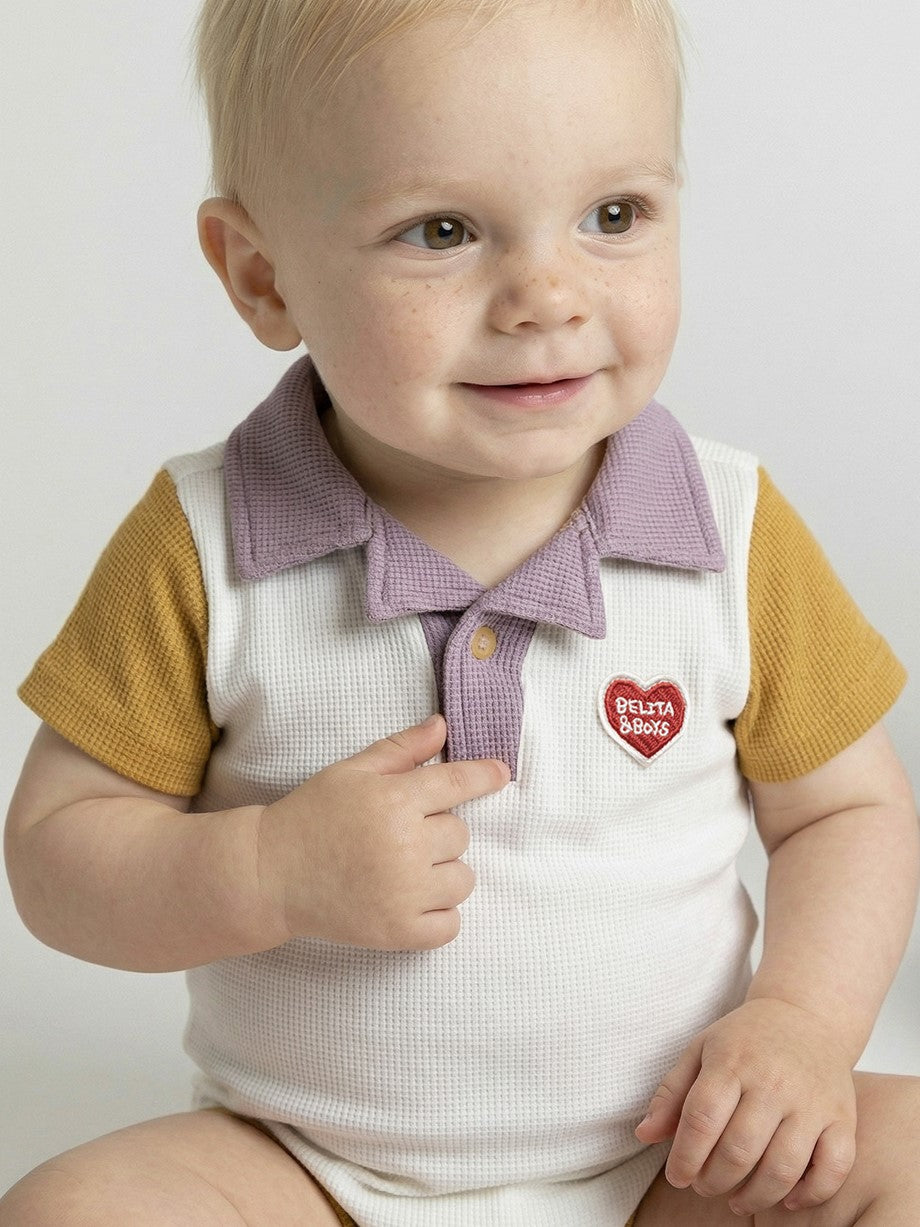 BABY Cream BB Heart Color Block Waffle Short Collar Bodysuit (Copy)