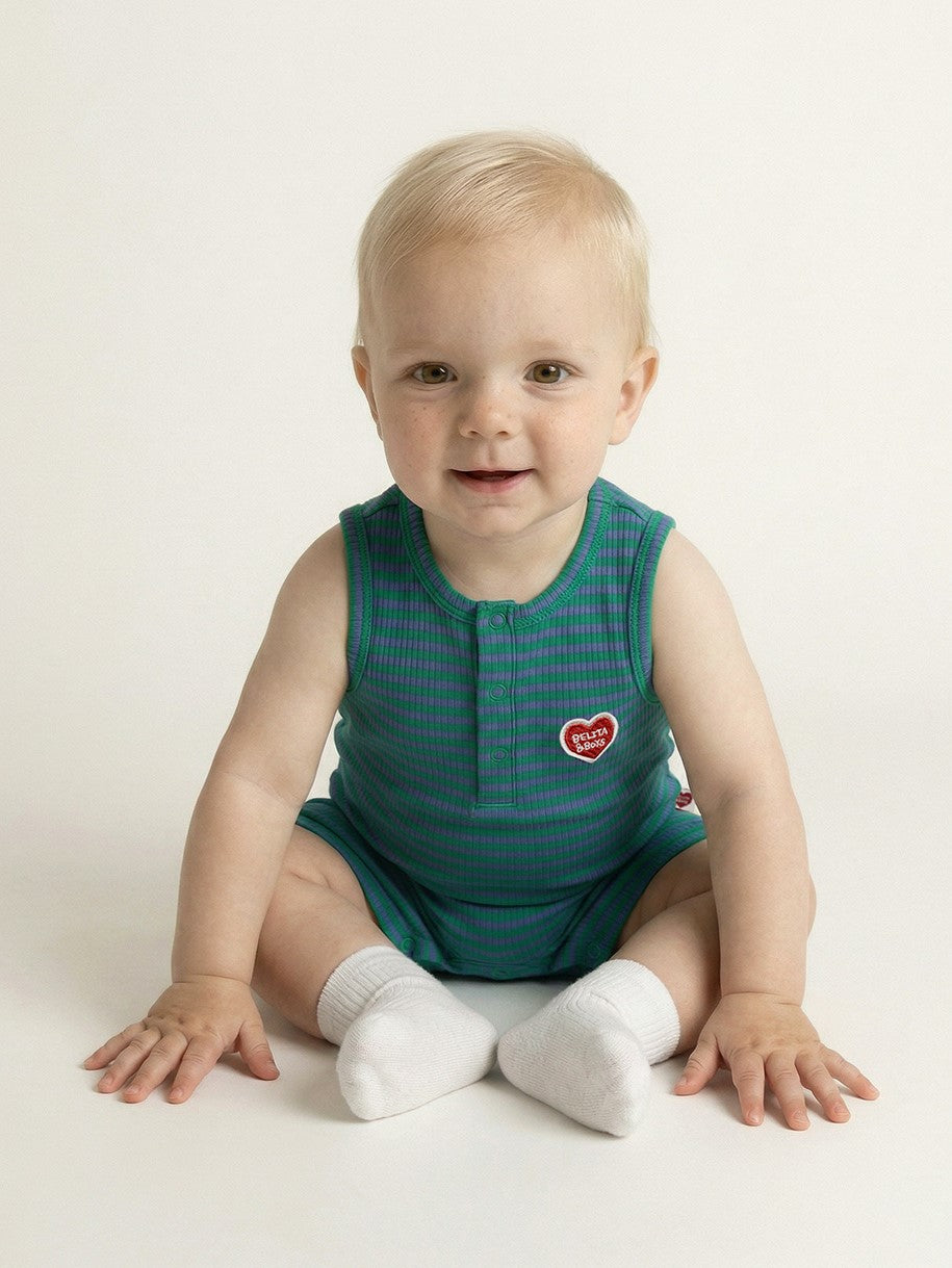 BABY Green BB Heart Stripe Sleeveless Jumpsuit
