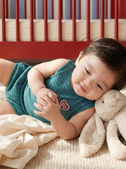 [BABY SET] Green BB Heart Stripe Sleeveless Shorts