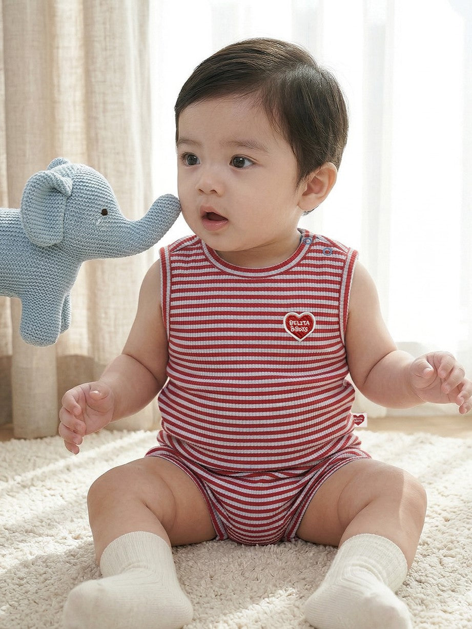 [BABY SET] Red BB Heart Stripe Sleeveless Shorts