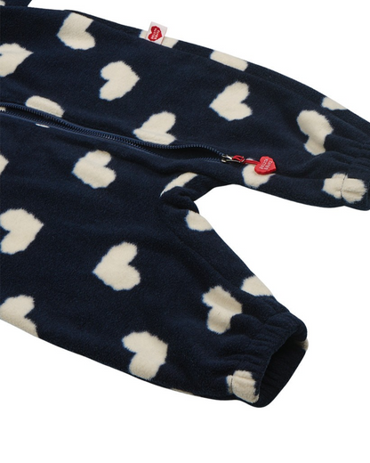BABY Navy BB Heart Pattern Fleece Hooded Jumpsuit