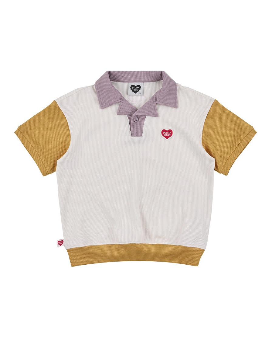 Cream BB Heart Color Block Waffle Collar Shirt