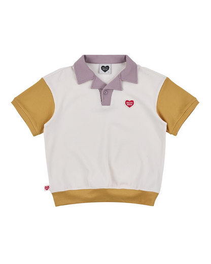 Cream BB Heart Color Block Waffle Collar Shirt
