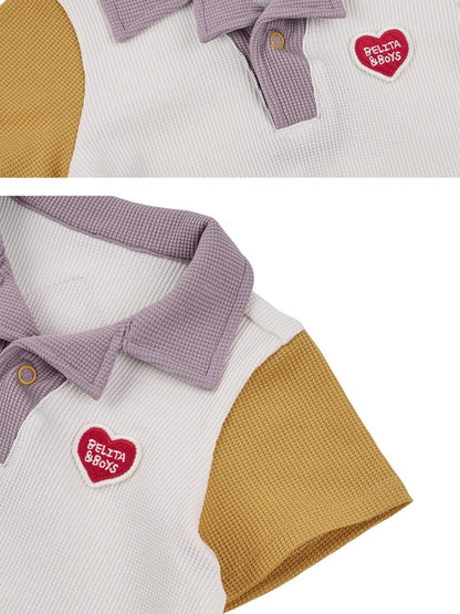 BABY Cream BB Heart Color Block Waffle Short Collar Bodysuit (Copy)