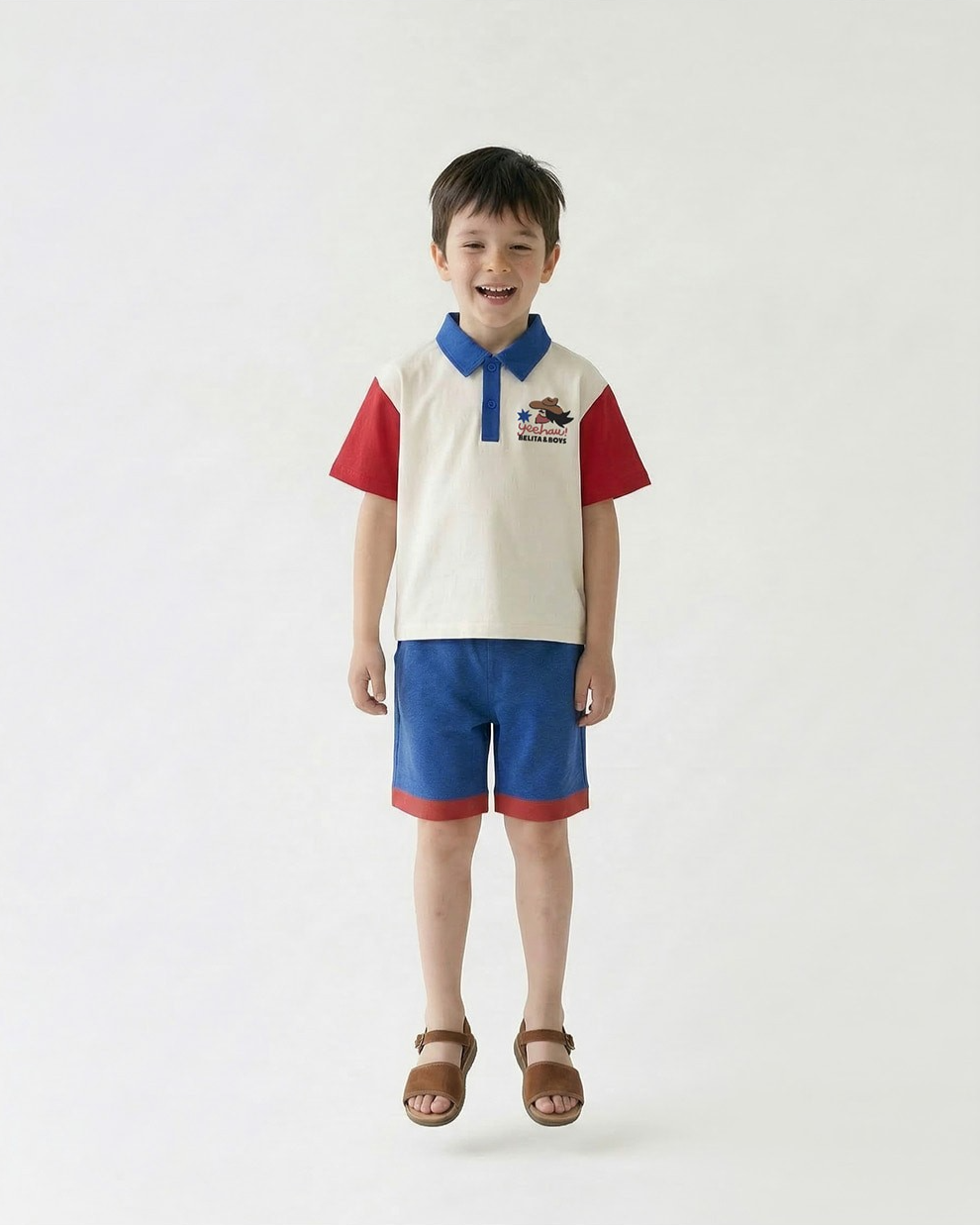 [SET] Cream Cowboy Color Block Collar Shirt & Shorts
