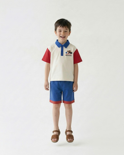 [SET] Cream Cowboy Color Block Collar Shirt & Shorts