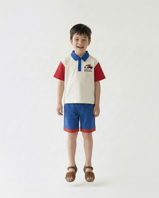 [SET] Cream Cowboy Color Block Collar Shirt & Shorts