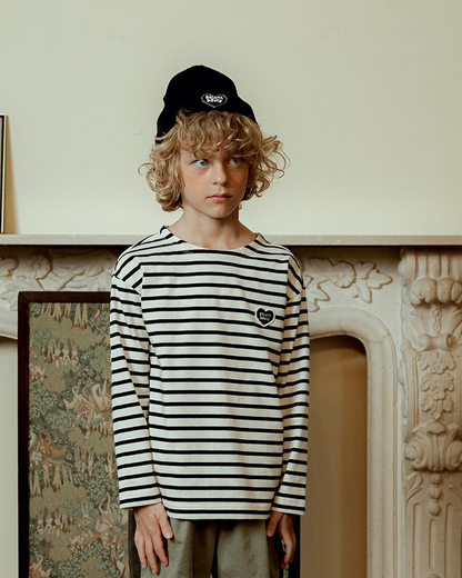 Black Stripe BB Heart Boat Neck Long Sleeve