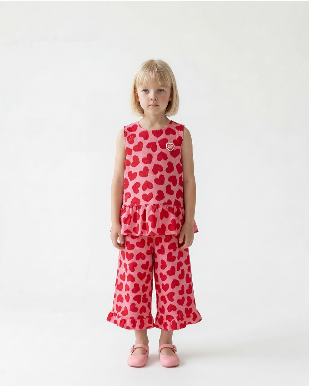 [GIRL SET] Pink BB Heart Pattern Polysucker Blouse & Shorts