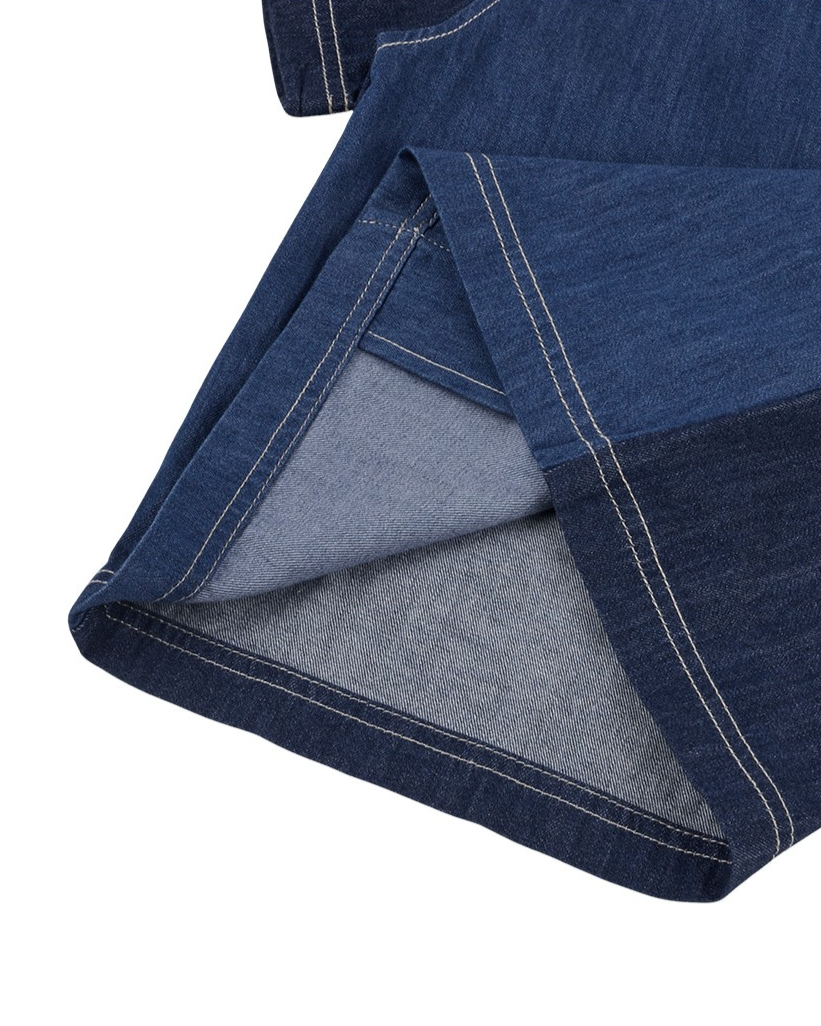 Dark Blue Color Block Denim Short Sleeve Shirt