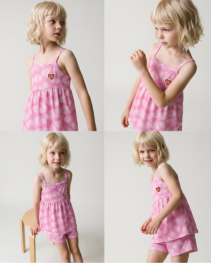 [GIRL SET] Pink Water Dye Heart Pattern Sleeveless Shorts