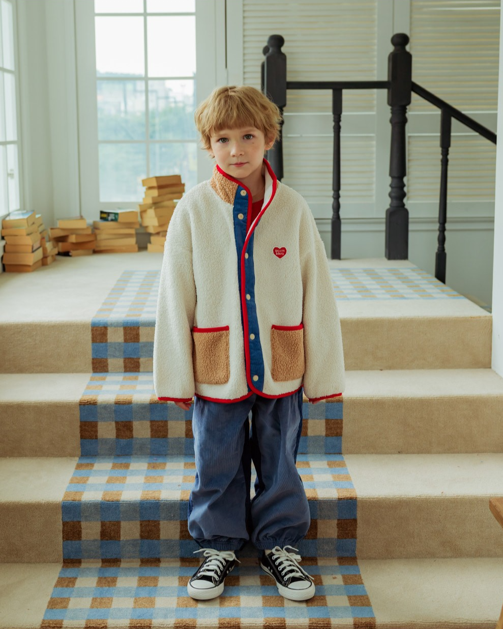 Cream BB Heart Color Block Dumble Fleece Jumper