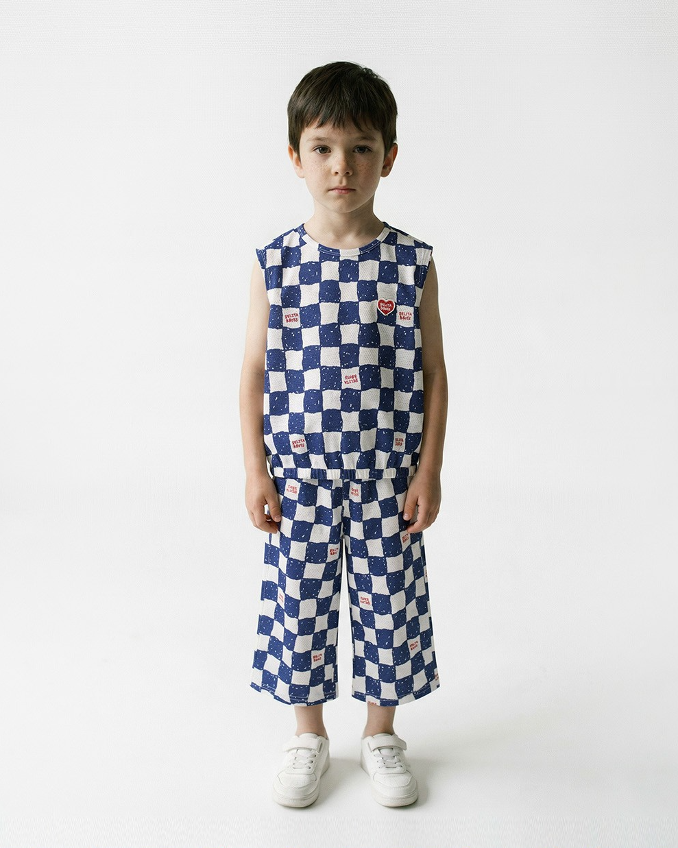 [SET] Blue Checkerboard Mesh Sleeveless Crop