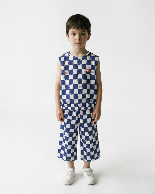[SET] Blue Checkerboard Mesh Sleeveless Crop
