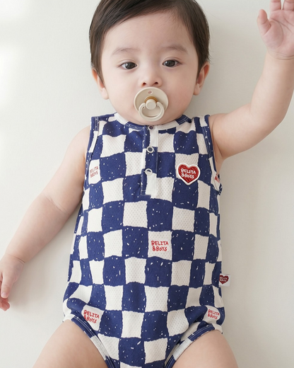 BABY Blue Checkerboard Mesh Sleeveless Bodysuit