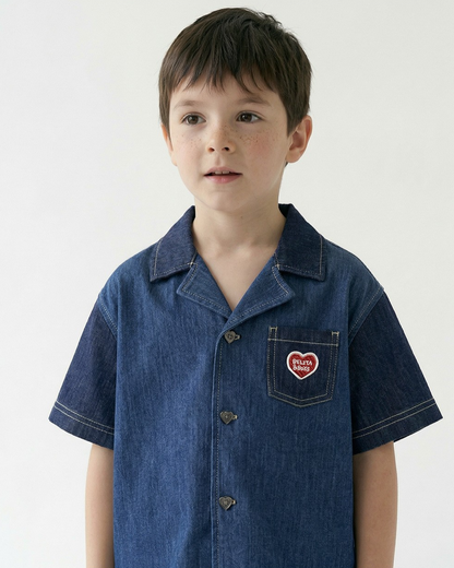 Dark Blue Color Block Denim Short Sleeve Shirt