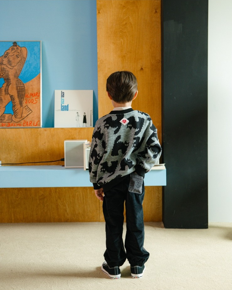 Grey Cat Pattern Knit Cardigan