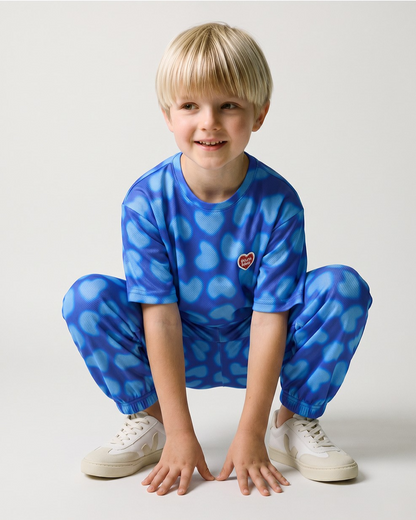 Blue Water Dye Heart Pattern Mesh Jogger
