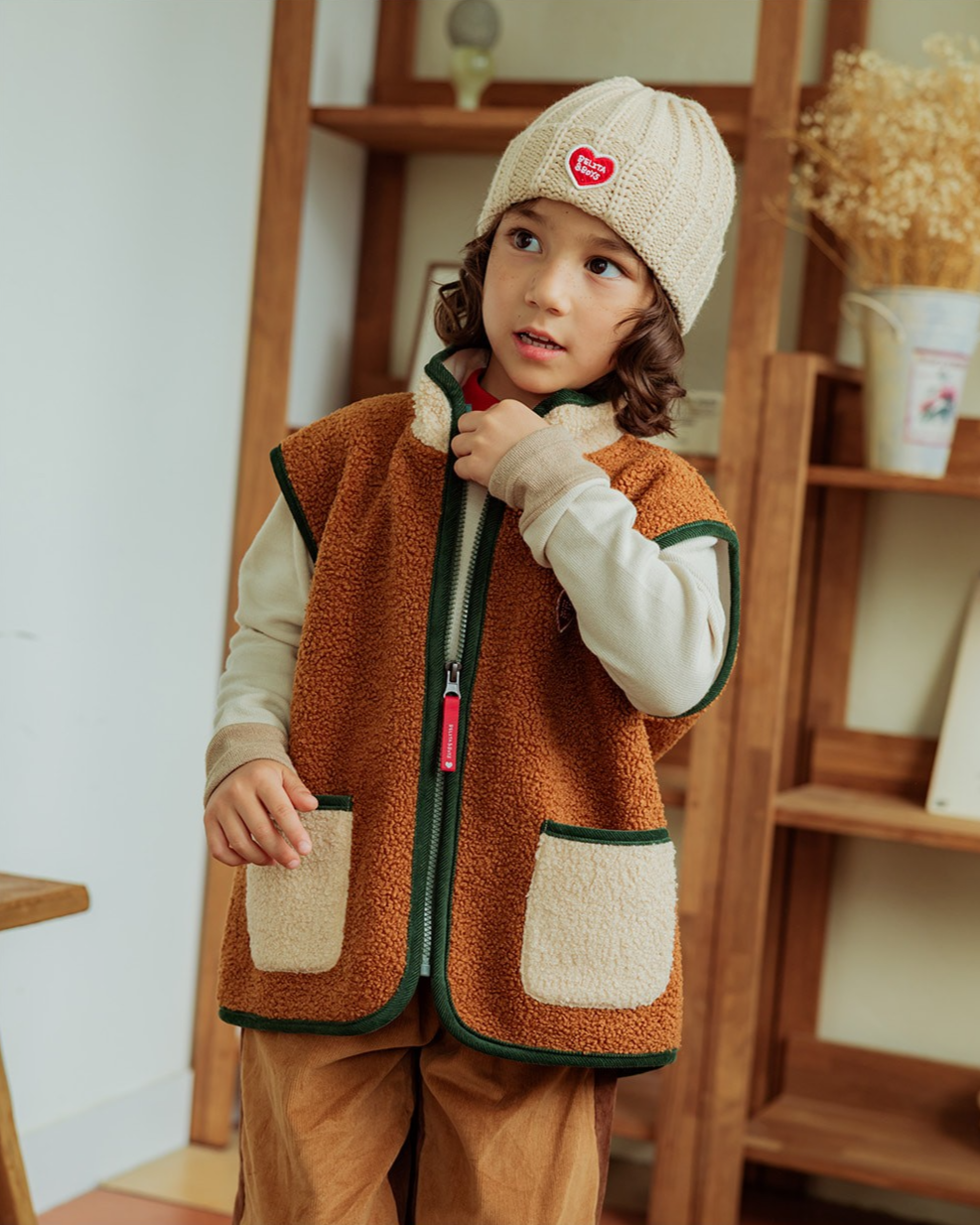 Brown BB Heart Color Block Dumble Fleece Vest