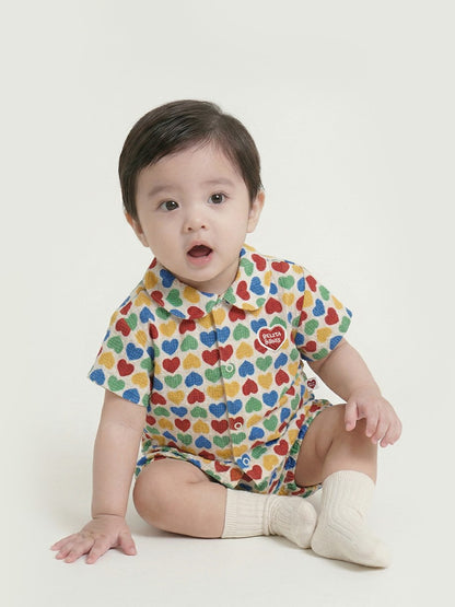 [BABY SET] Cream Rainbow Heart Polysucker Shirt & Shorts