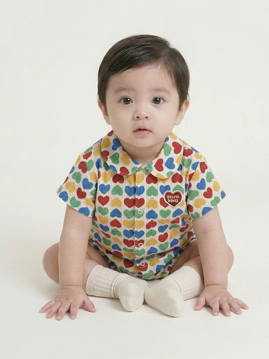 [BABY SET] Cream Rainbow Heart Polysucker Shirt & Shorts