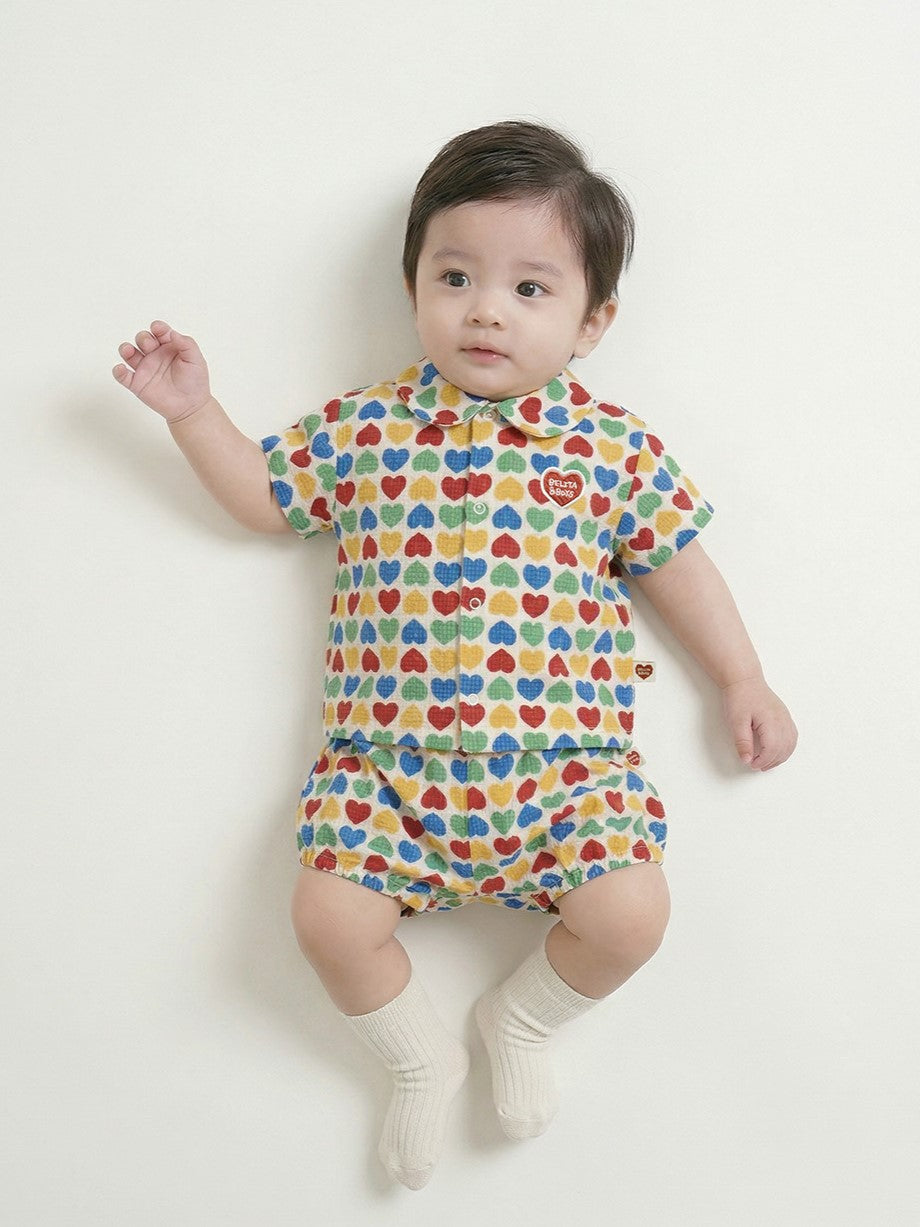 [BABY SET] Cream Rainbow Heart Polysucker Shirt & Shorts