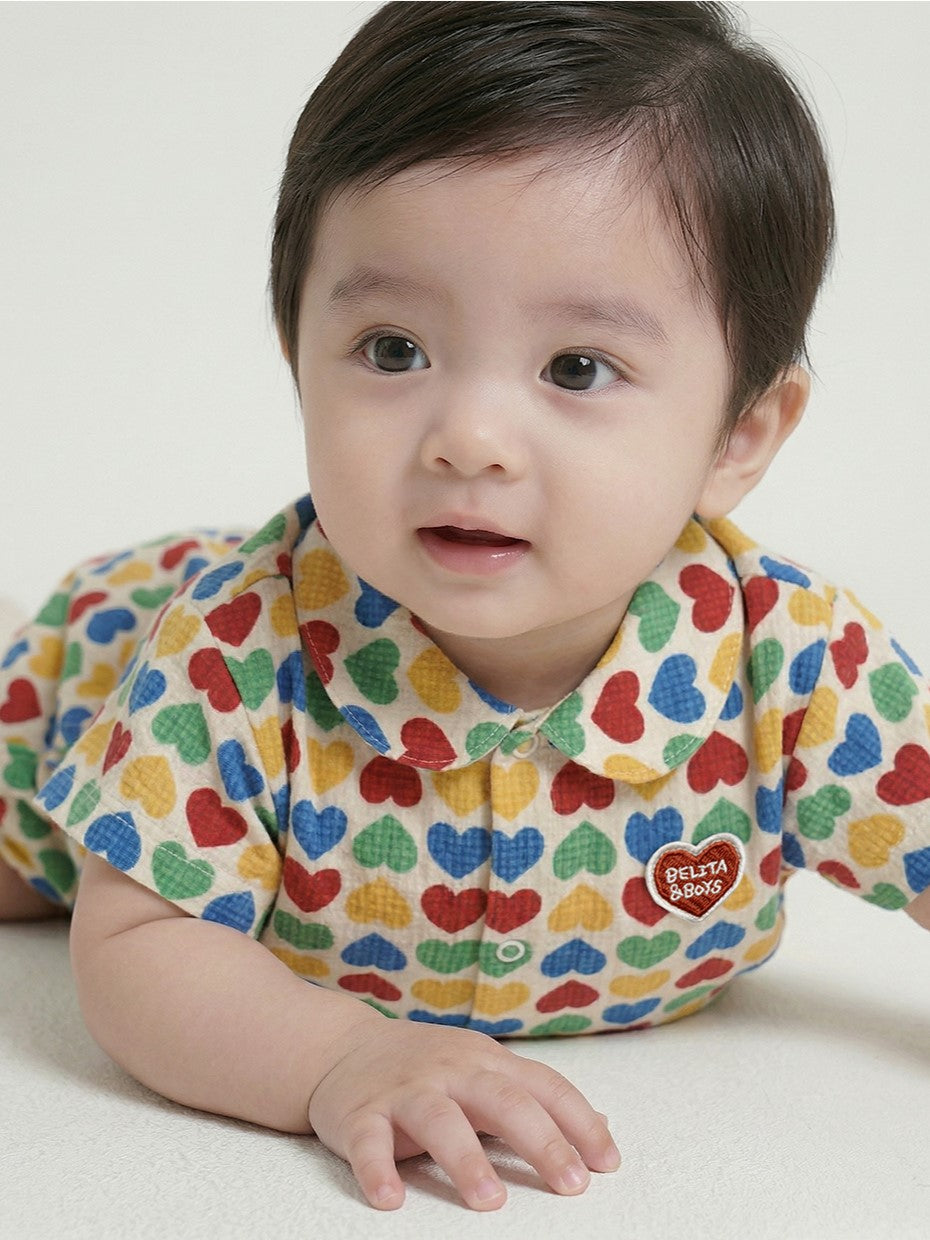 [BABY SET] Cream Rainbow Heart Polysucker Shirt & Shorts