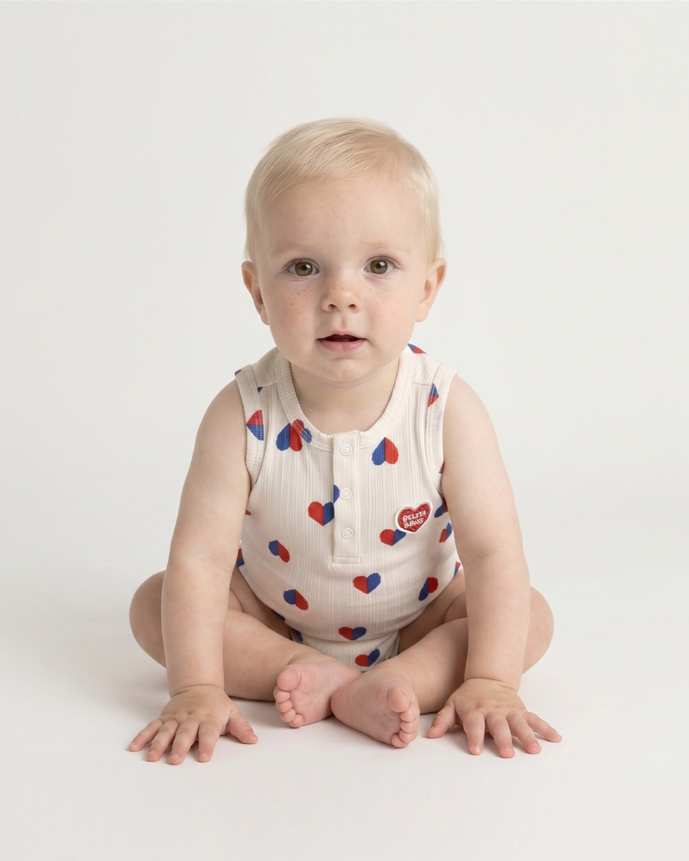BABY Ivory Red Blue Heart Pattern Sleeveless Bodysuit