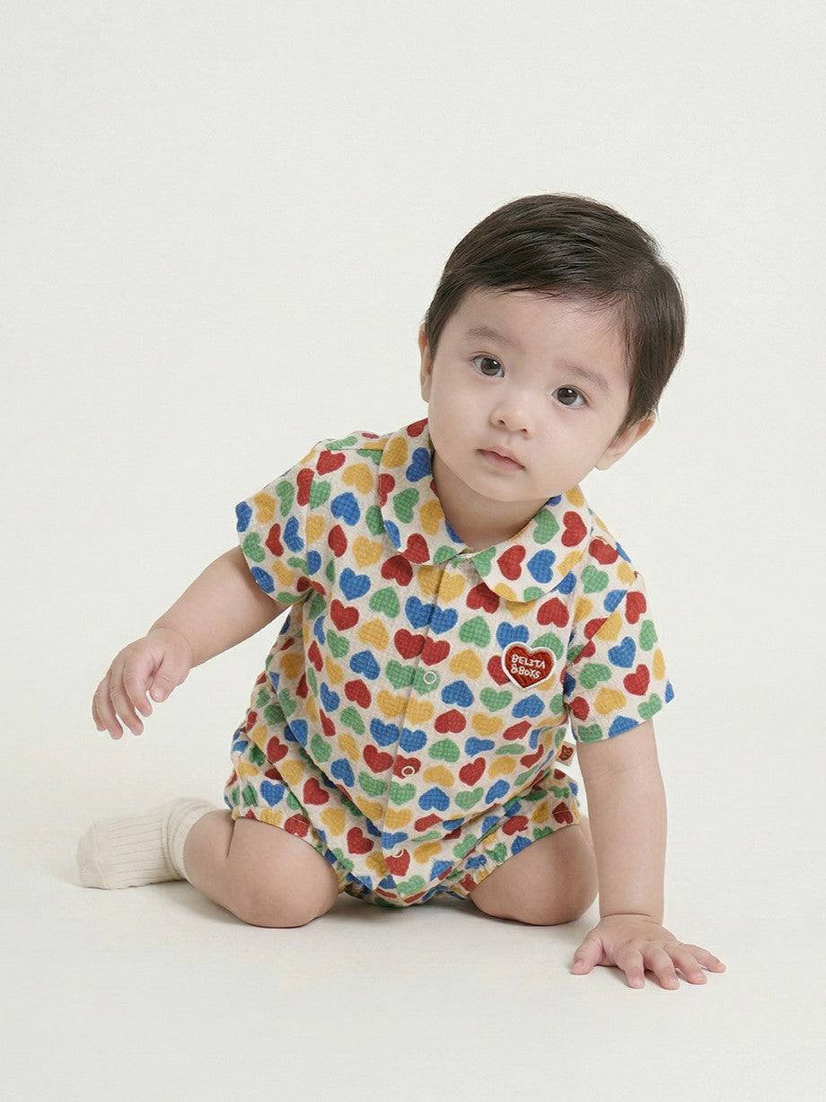 [BABY SET] Cream Rainbow Heart Polysucker Shirt & Shorts