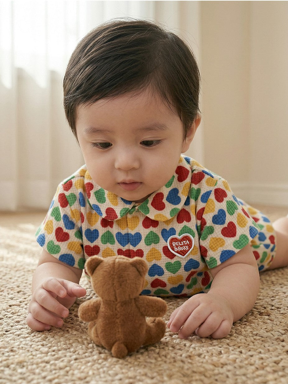 [BABY SET] Cream Rainbow Heart Polysucker Shirt & Shorts