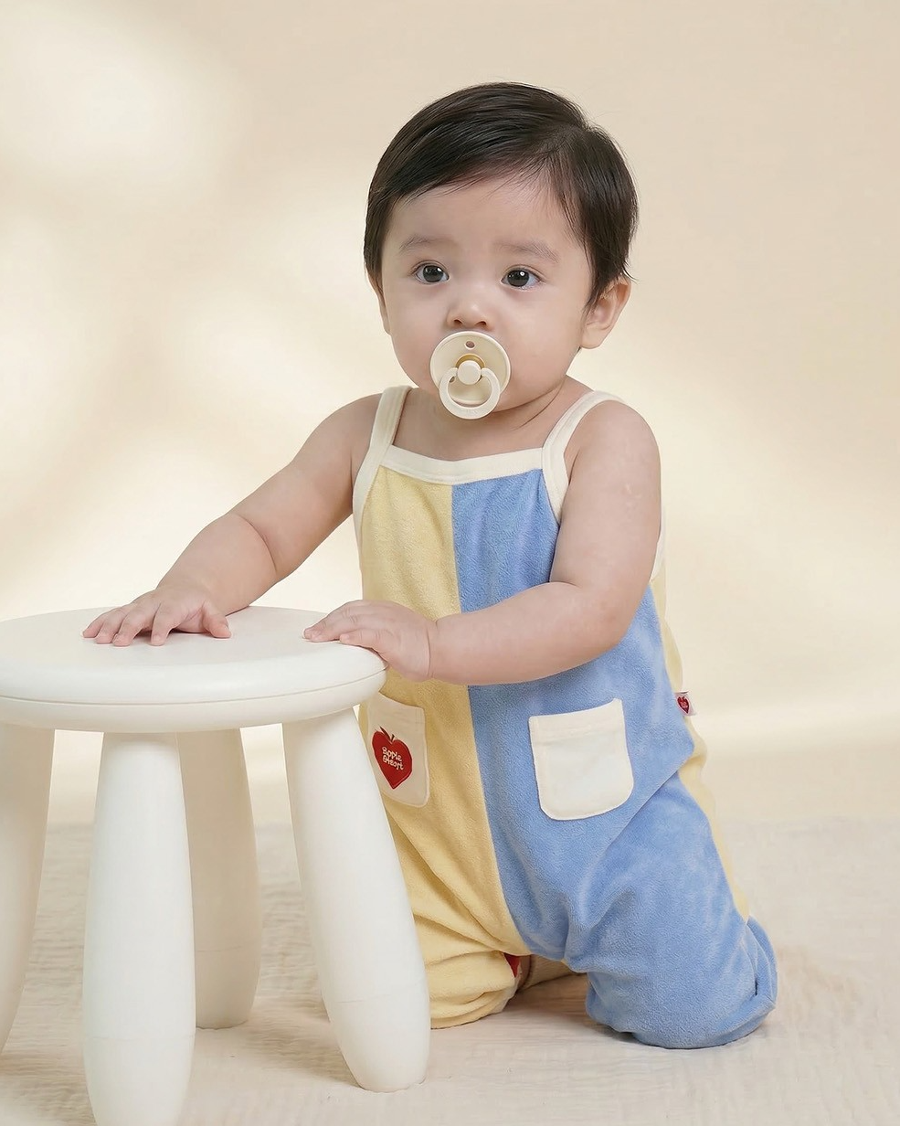 BABY Yellow Bubble Apple Color Block Terry Overall