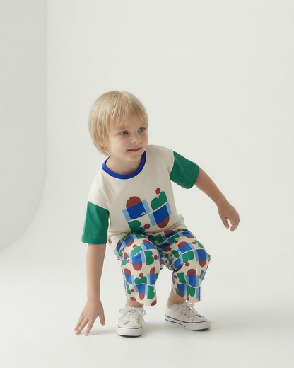 [SET] Cream BB Figure Color Block Pattern Crop
