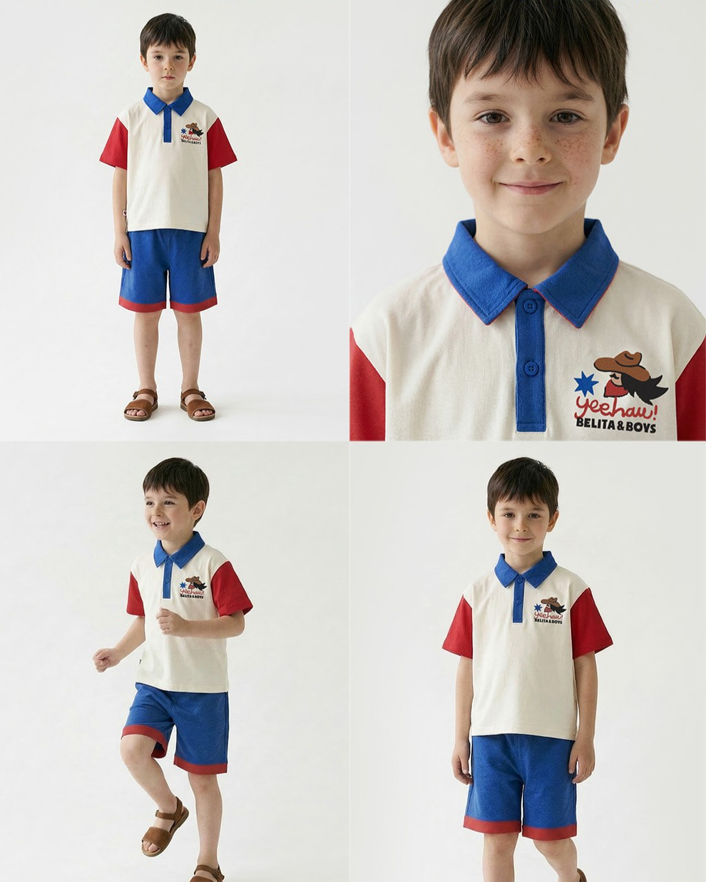 [SET] Cream Cowboy Color Block Collar Shirt & Shorts
