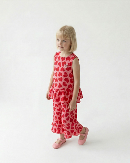 [GIRL SET] Pink BB Heart Pattern Polysucker Blouse & Shorts