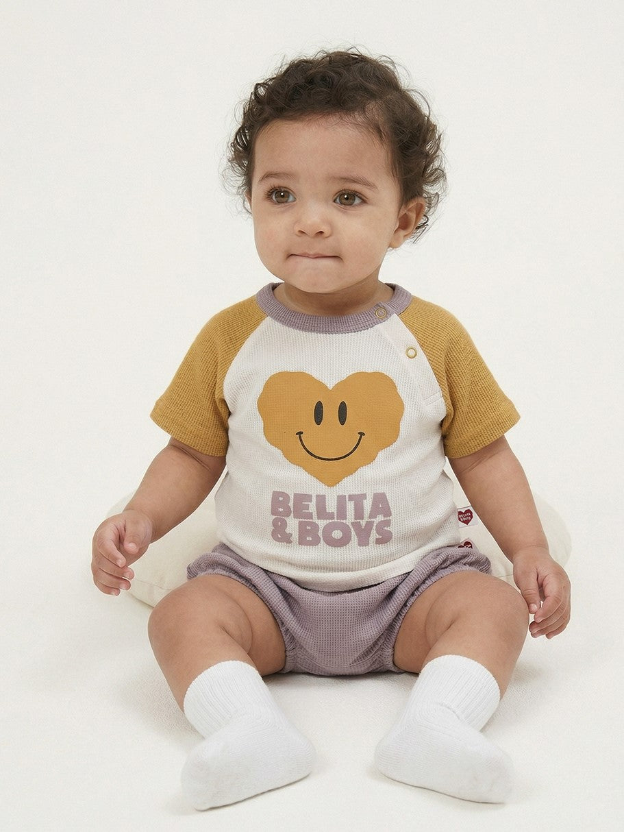 [BABY SET] Cream Smile Heart Color Block Waffle Shorts