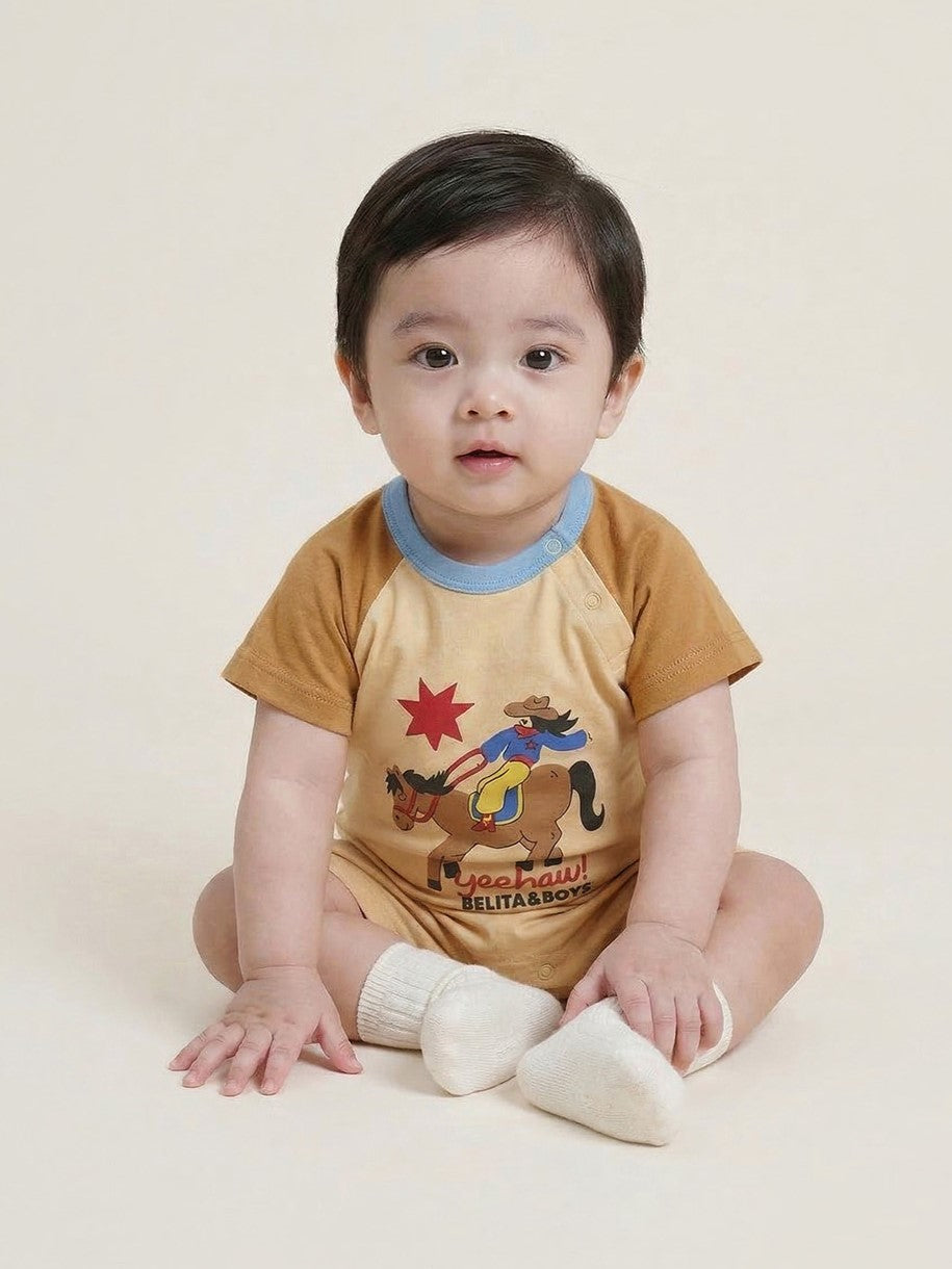 BABY Beige Cowboy Color Block Short Jumpsuit