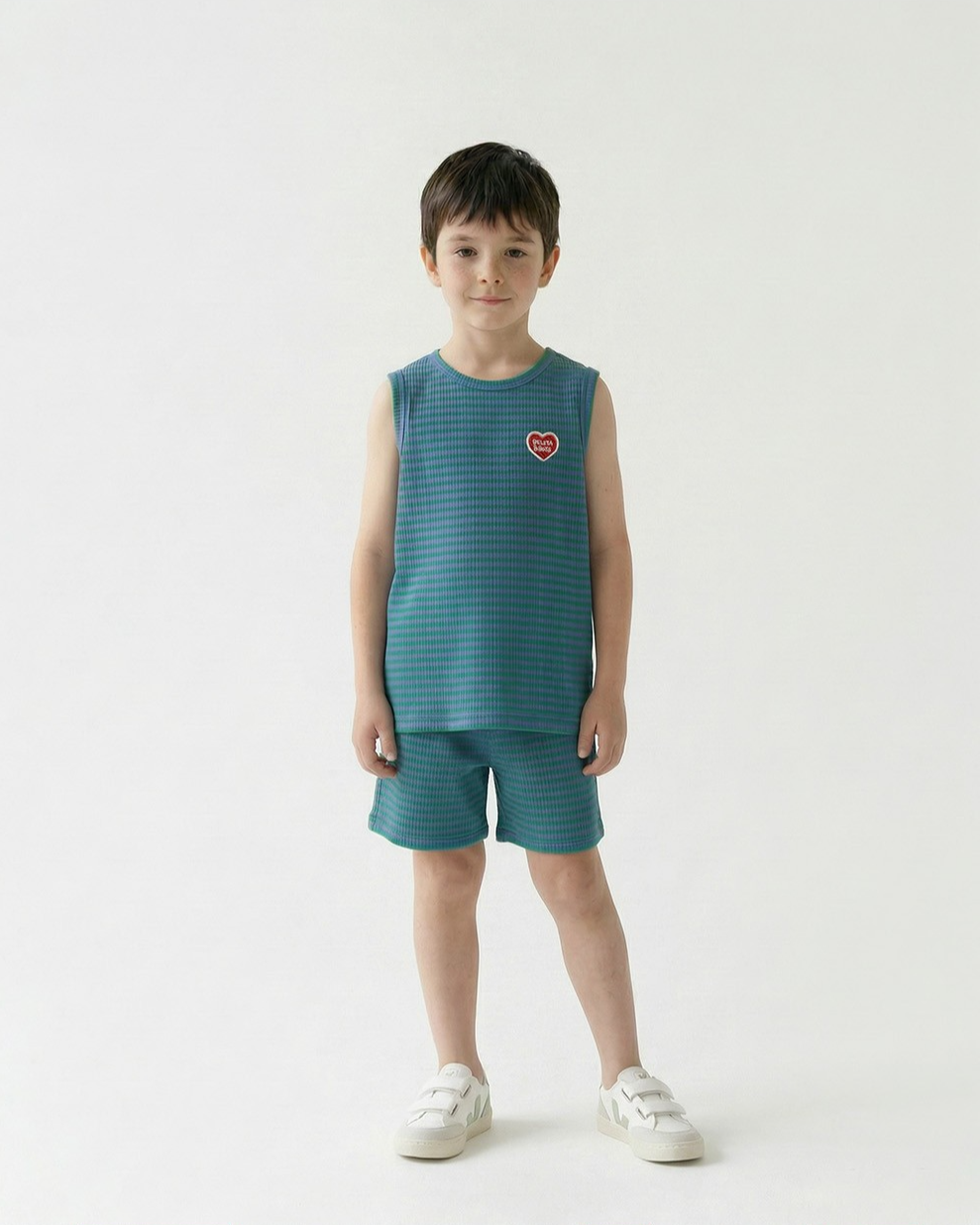 [SET] Green BB Heart Stripe Sleeveless Shorts