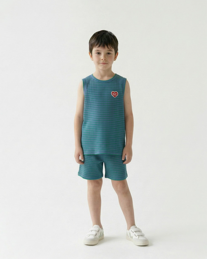 [SET] Green BB Heart Stripe Sleeveless Shorts