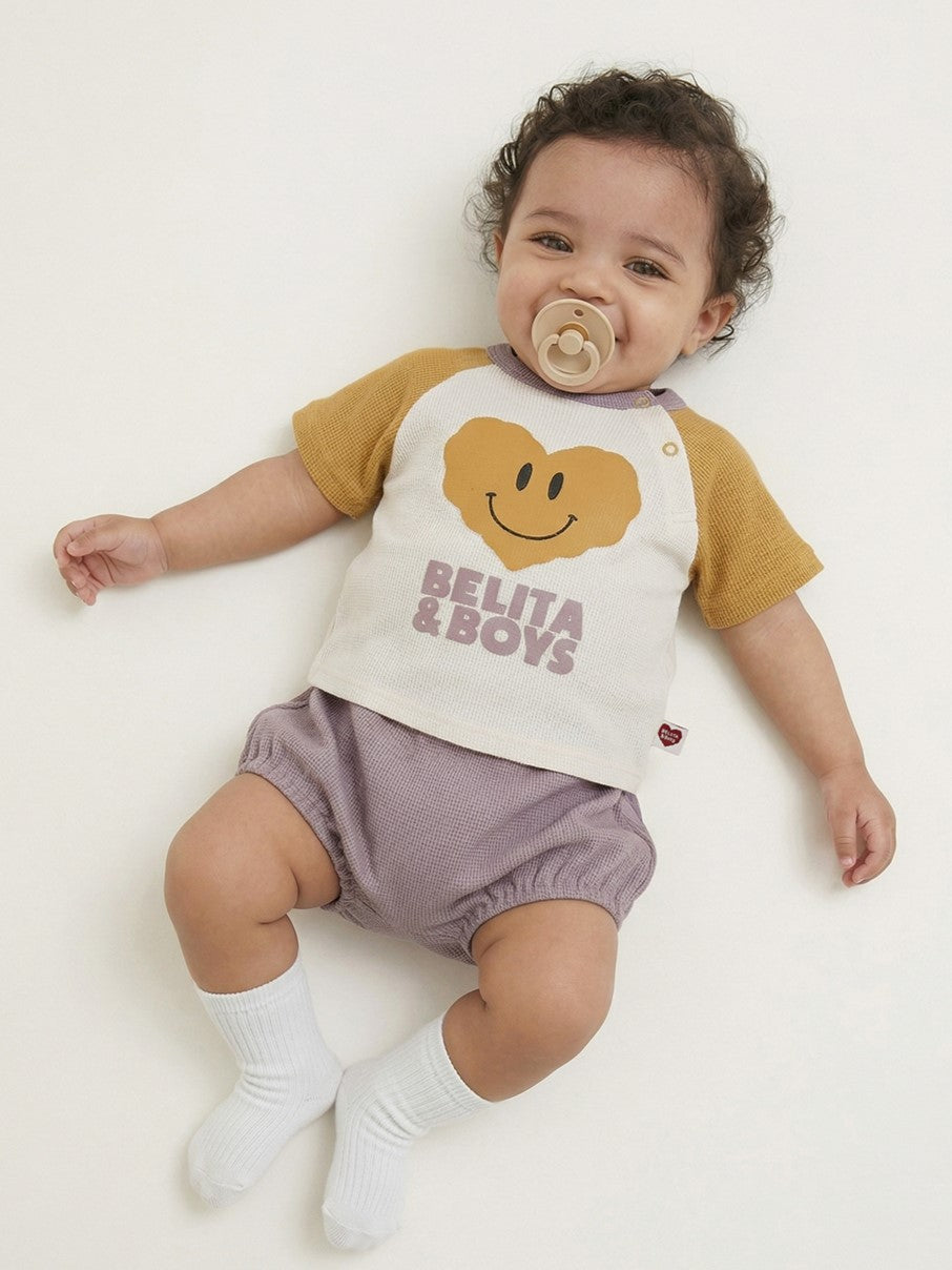 [BABY SET] Cream Smile Heart Color Block Waffle Shorts