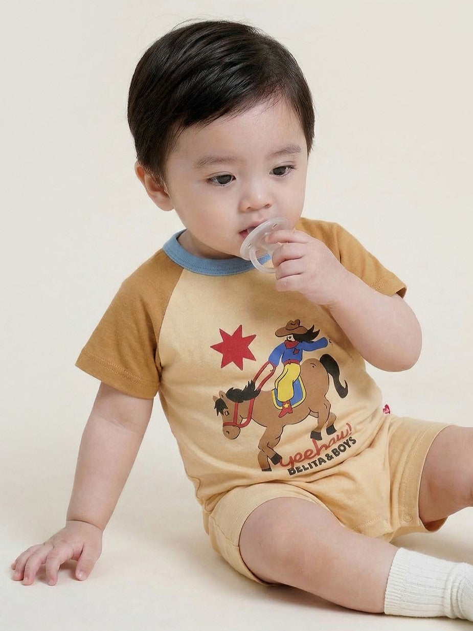 BABY Beige Cowboy Color Block Short Jumpsuit