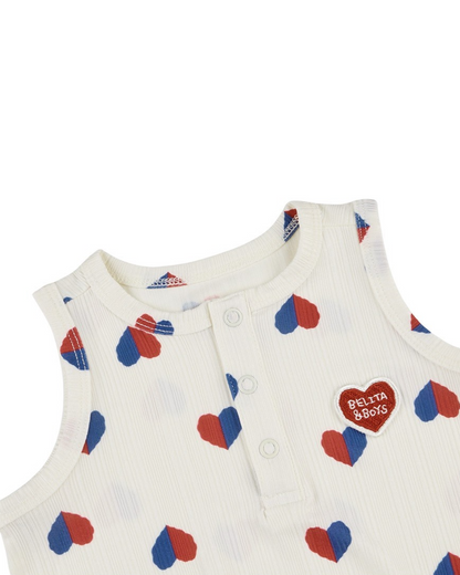 BABY Ivory Red Blue Heart Pattern Sleeveless Bodysuit