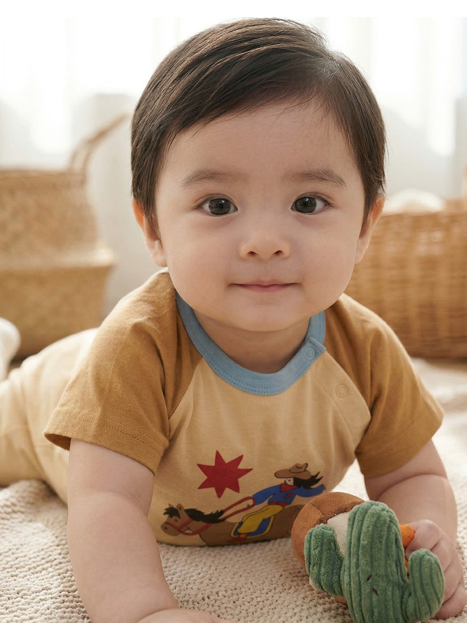 BABY Beige Cowboy Color Block Short Jumpsuit