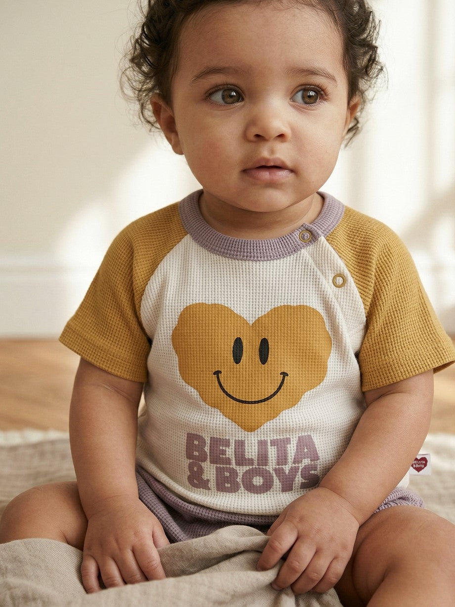 [BABY SET] Cream Smile Heart Color Block Waffle Shorts