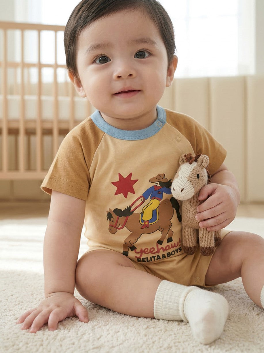 BABY Beige Cowboy Color Block Short Jumpsuit