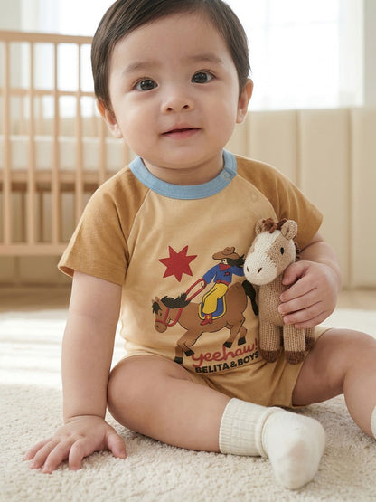 BABY Beige Cowboy Color Block Short Jumpsuit