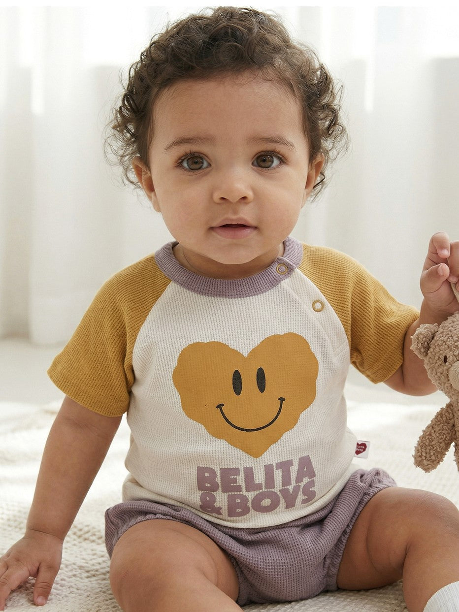 [BABY SET] Cream Smile Heart Color Block Waffle Shorts