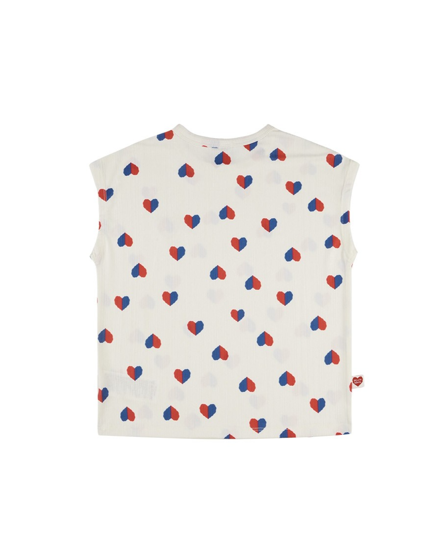 Ivory Red Blue Heart Pattern Short Sleeve