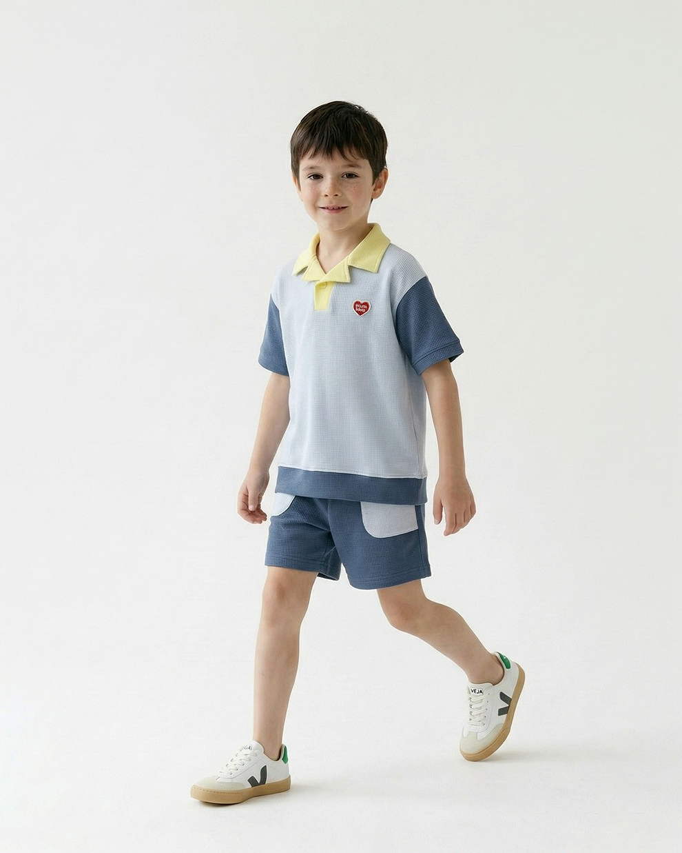 Blue BB Heart Pocket Color Block Waffle Shorts